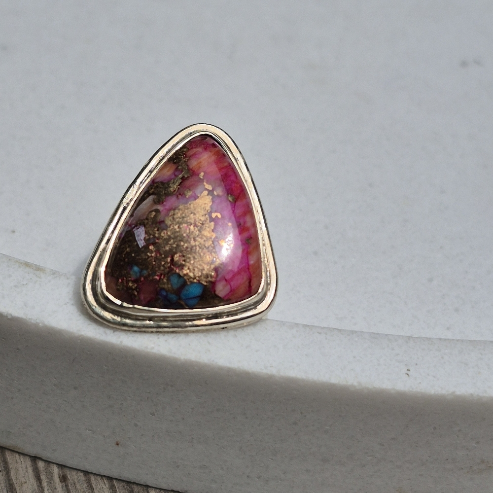 925 Silver Pink Cotton Candy Cooper Turqouis Artisanal Handmade Ring - Picture 10 of 11